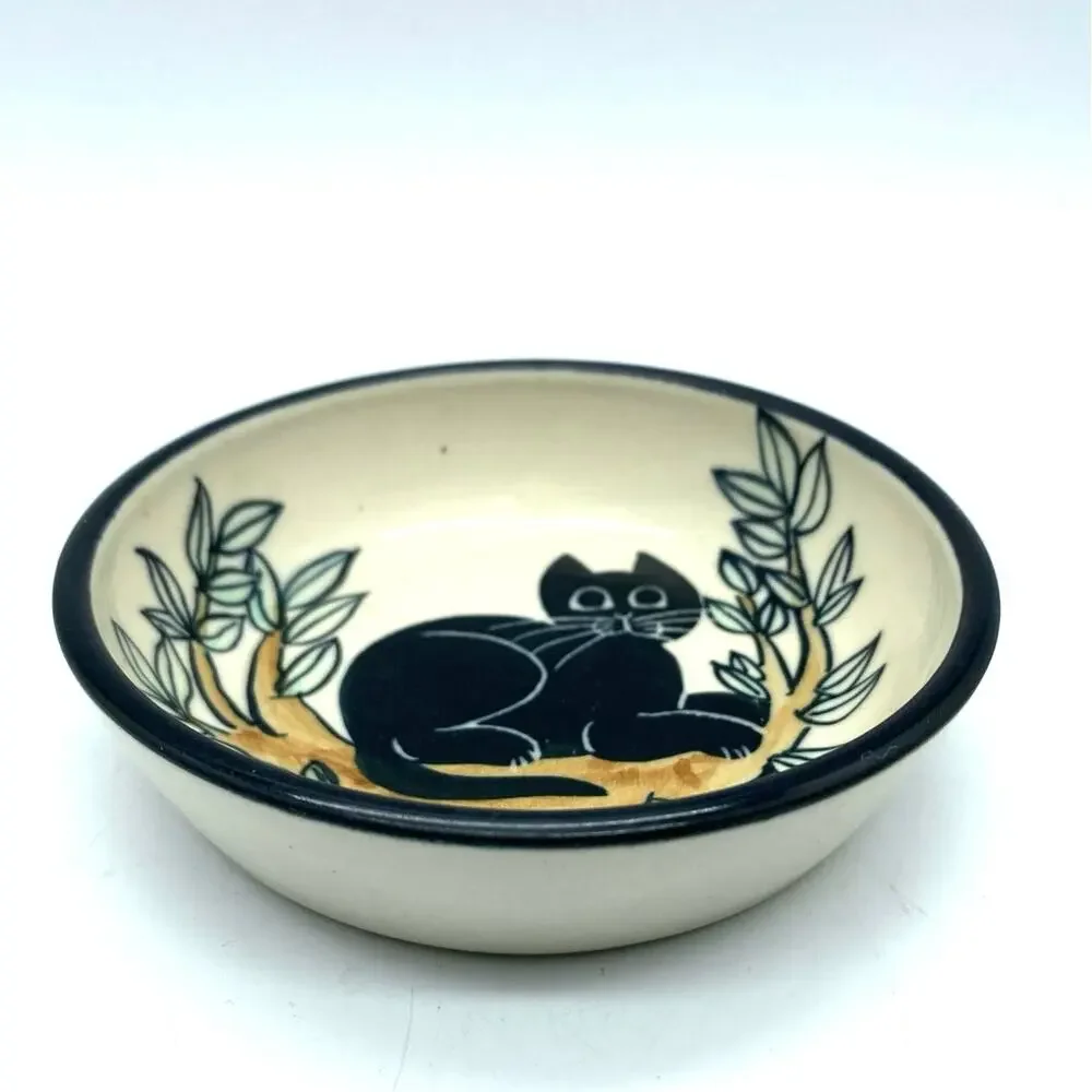 Karen Donleavy Black Cat Bowl on a Branch Studio Pottery signed KD‎